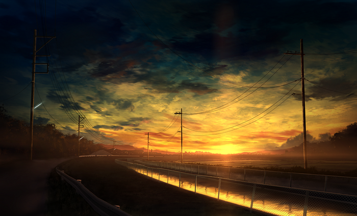 Anime landscape with road and sunset
