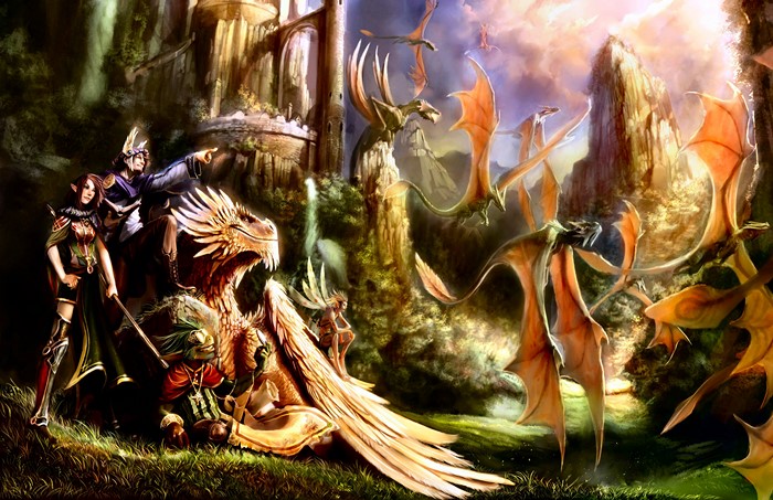 Elves and dragons in a fantasy landscape