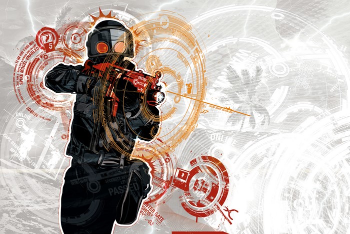 Soldier aiming a futuristic weapon with HUD elements