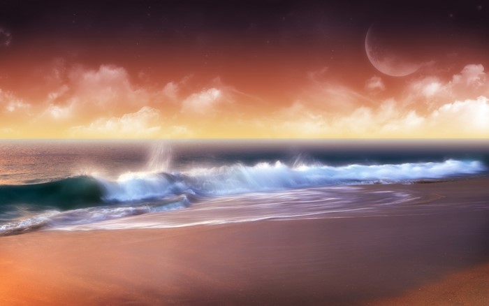 Beach landscape with moon and waves