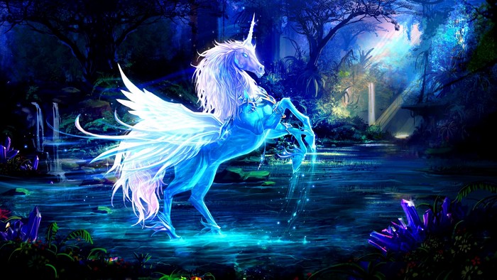 Blue Pegasus with Wings in a Magical Forest
