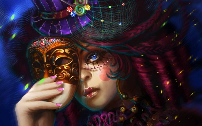 Woman in Masquerade Mask and Top Hat