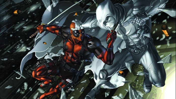 Deadpool and Moon Knight fighting with weapons