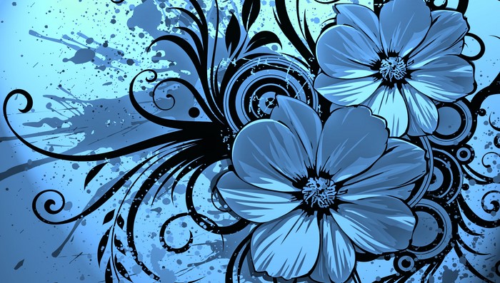 Blue Flowers and Swirls Digital Art