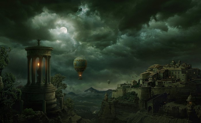 Hot air balloon over ancient city and monument