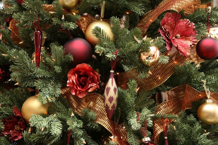 Christmas tree with red and gold ornaments