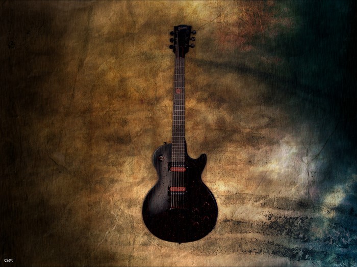 Black electric guitar on textured background