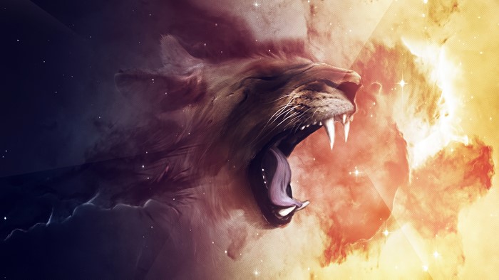 Lion yawning in a cosmic nebula