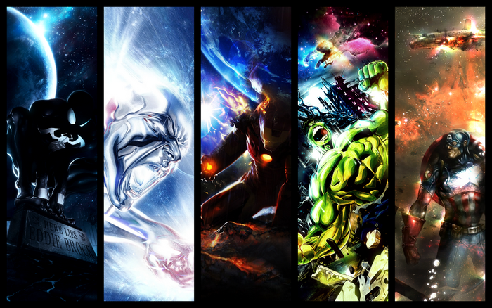 Venom, Silver Surfer, Iron Man, Hulk, and Captain America in space