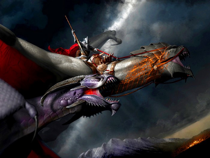 Knight riding a dragon in the sky