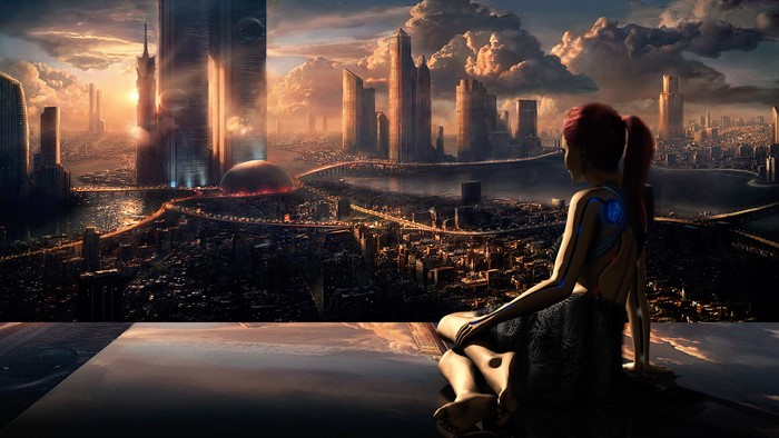 Futuristic city at sunset with a cyborg woman