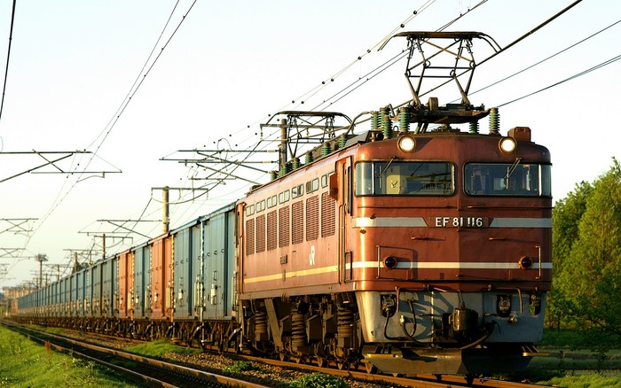 Red electric locomotive EF81 116 pulling freight cars