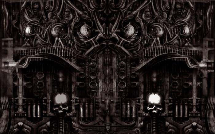 Dark biomechanical art with skulls