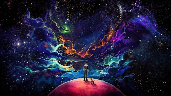 Man and dog on a planet looking at a colorful nebula