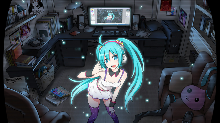Hatsune Miku in a room with a computer
