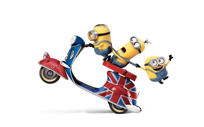 Minions Bob, Kevin, and Stuart Riding British Scooter