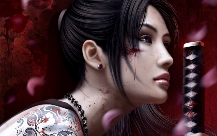 Woman with Katana and Koi Tattoo