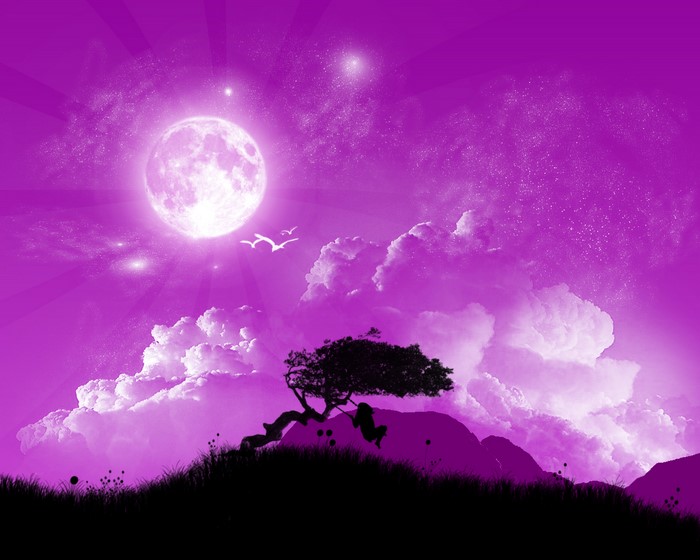 Purple fantasy landscape with moon and tree