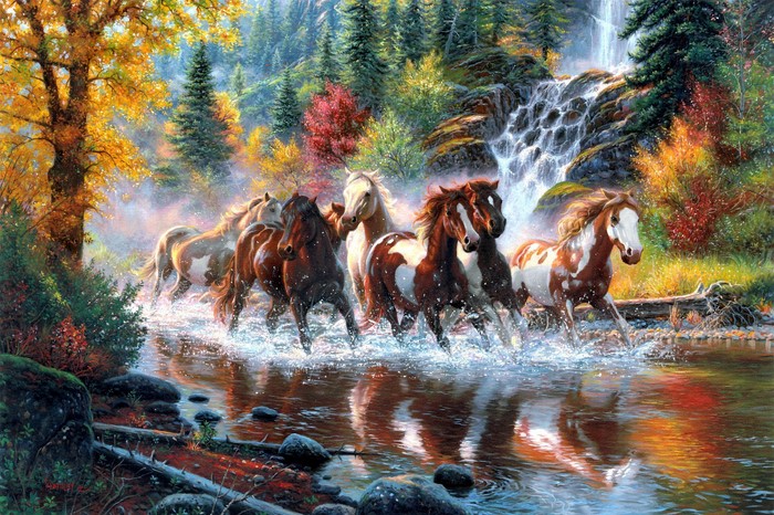 Horses running through a stream in a forest during fall