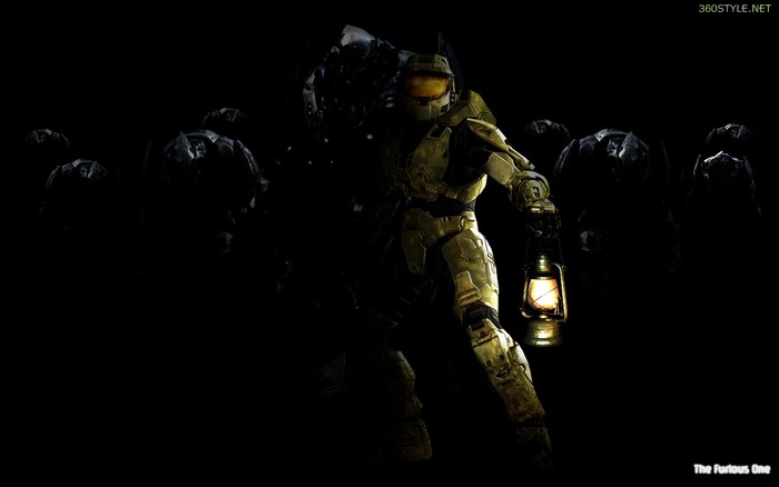 Master Chief from Halo holding a lantern