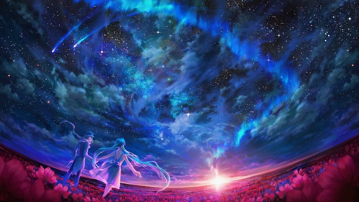 Couple Gazing at Aurora in Flower Field