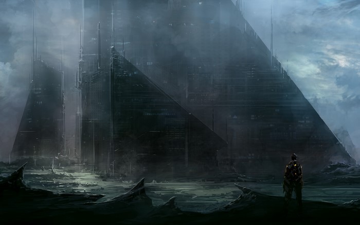 Vast futuristic city with a lone figure