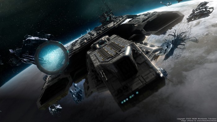 Daedalus-class spaceship in space above a planet