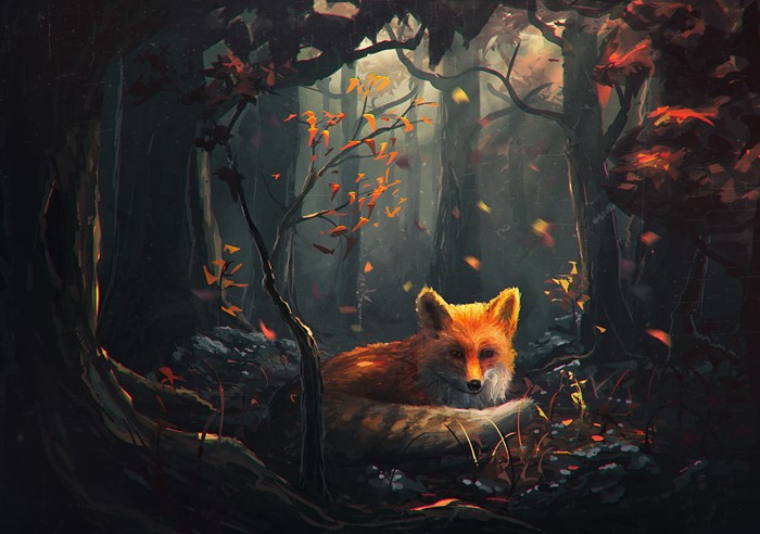 Fox resting in a dark forest during autumn