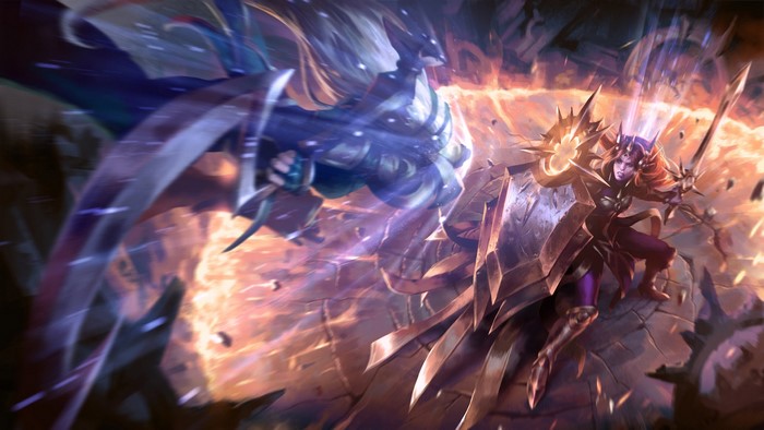 Diana and Leona from League of Legends in battle