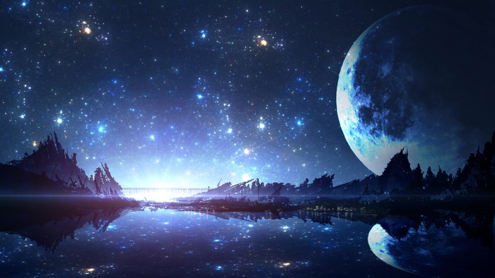 Mystical Night Sky with Stars and Moon Reflection