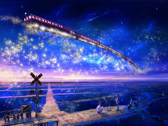 Anime train flying through starry night sky over rice fields