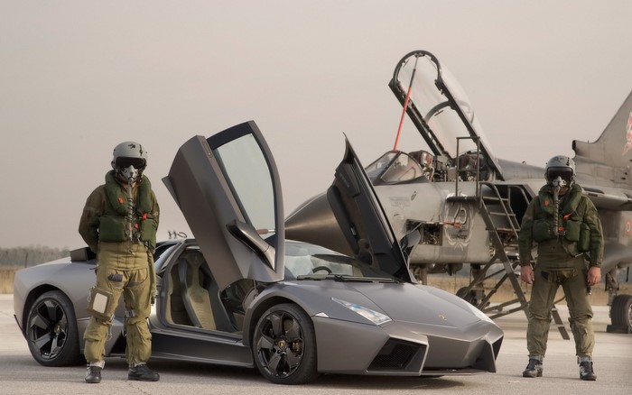 Lamborghini Reventon with two fighter pilots and jet