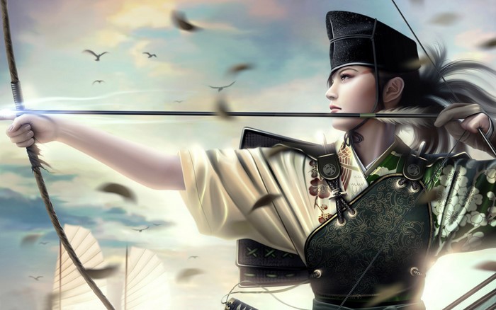 Samurai Archer aiming bow with arrow in a fantasy setting