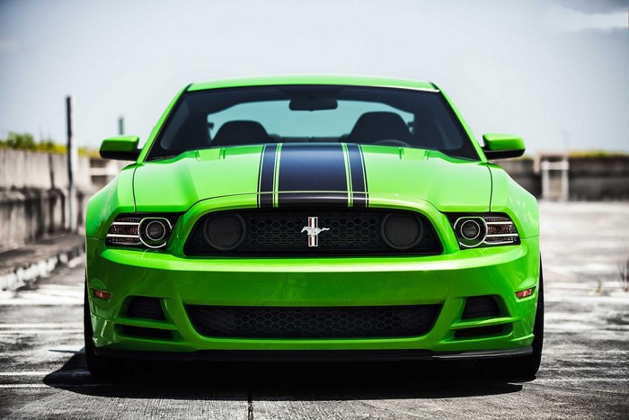 Green Ford Mustang with Black Stripes