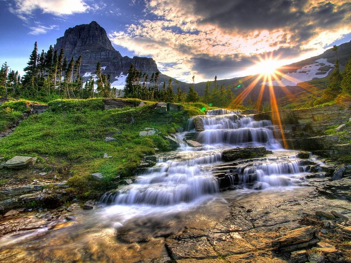 Sunrise Over Mountain Stream and Waterfall
