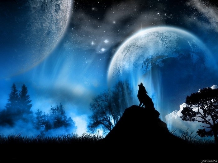 Wolf howling at the moon and planets