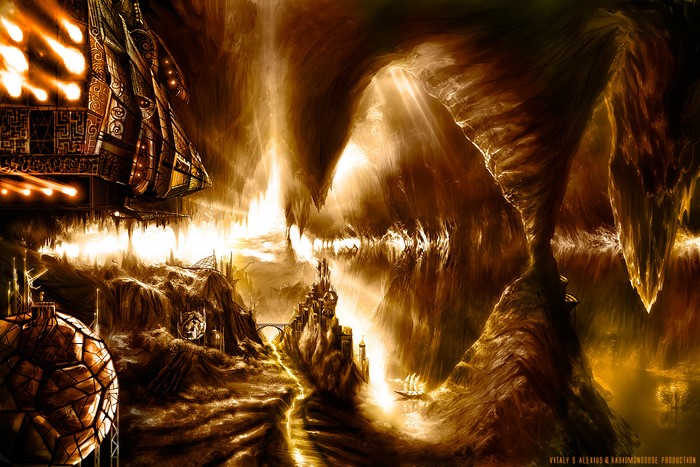 Sci-Fi City in a Cave with Spaceship