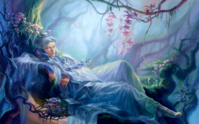 Man sleeping in a magical forest