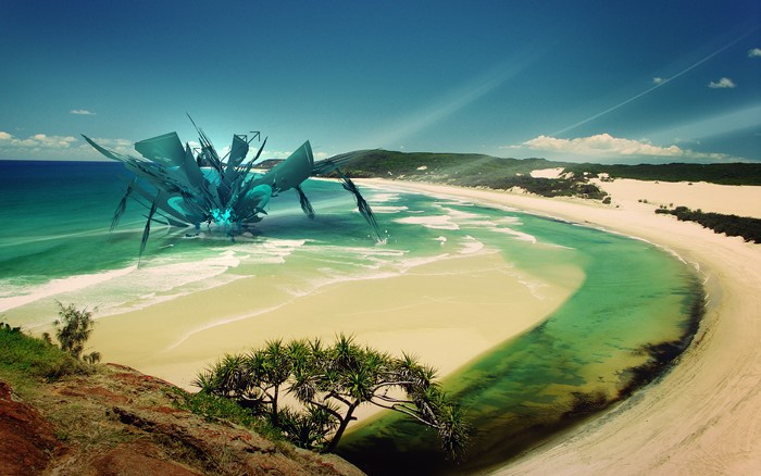 Sci-fi robot on a tropical beach with ocean waves