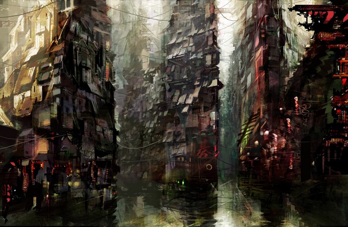 Fantasy city with tall buildings and wires