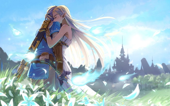 Link and Zelda Embracing in Meadow