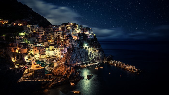 Coastal village at night under starry sky
