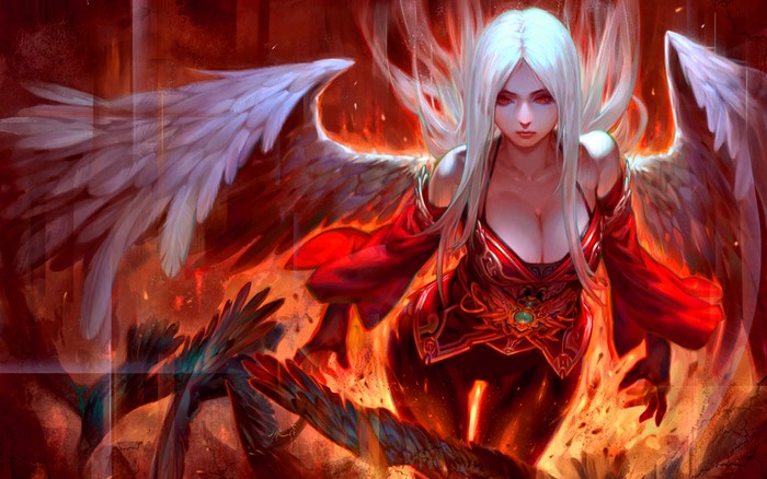 Fallen Angel with White Wings and Red Dress