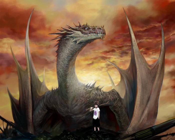 Dragon and a boy in a fantasy landscape