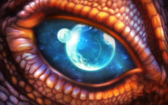 Dragon eye reflecting Earth and Moon