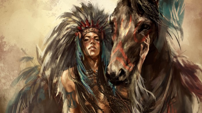 Native American woman with headdress and horse