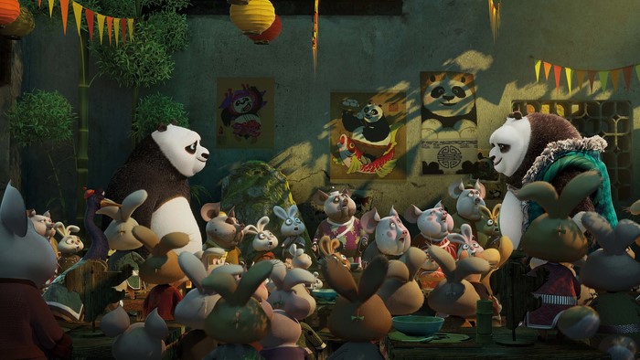 Po from Kung Fu Panda with pandas and rabbits