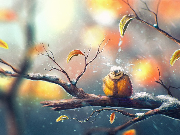 A fluffy bird sits on a snowy branch in winter