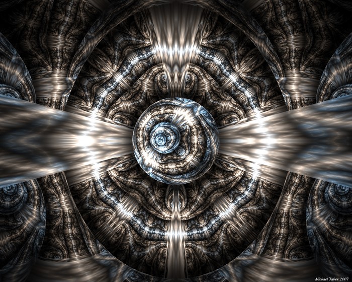 Abstract fractal art with metallic textures and sphere