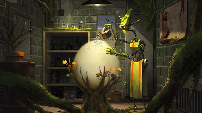 Robot watering a giant egg in a greenhouse